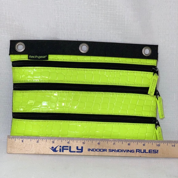 Neon Yellow Green Pencil Supplies Case 3 Section Organize Ring Bind School Fall - Picture 8 of 11